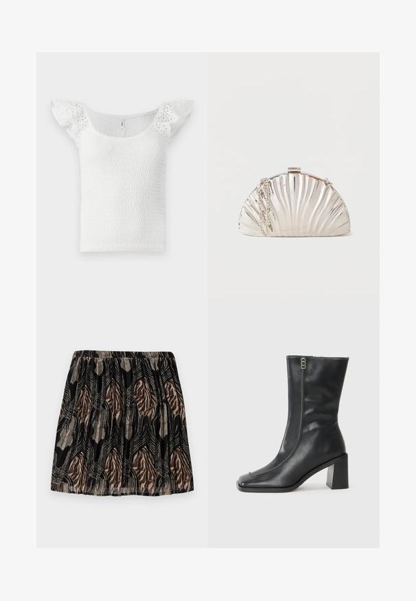 Haut blanc avec un design smocké, un large col et des manches courtes en dentelle avec volants, présentant une surface texturée dans l'ensemble.; Jupe noire avec une taille froncée, arborant un motif abstrait marron et beige, rehaussé de lignes et de textures métalliques.; Bottine en cuir noir avec un bout carré, fermeture éclair sur le côté et un talon épais et carré. Présente des coutures contrastées le long de la couture avant.; Pochette argentée métallique en forme de coquillage, avec une chaîne en argent drapée sur le côté.