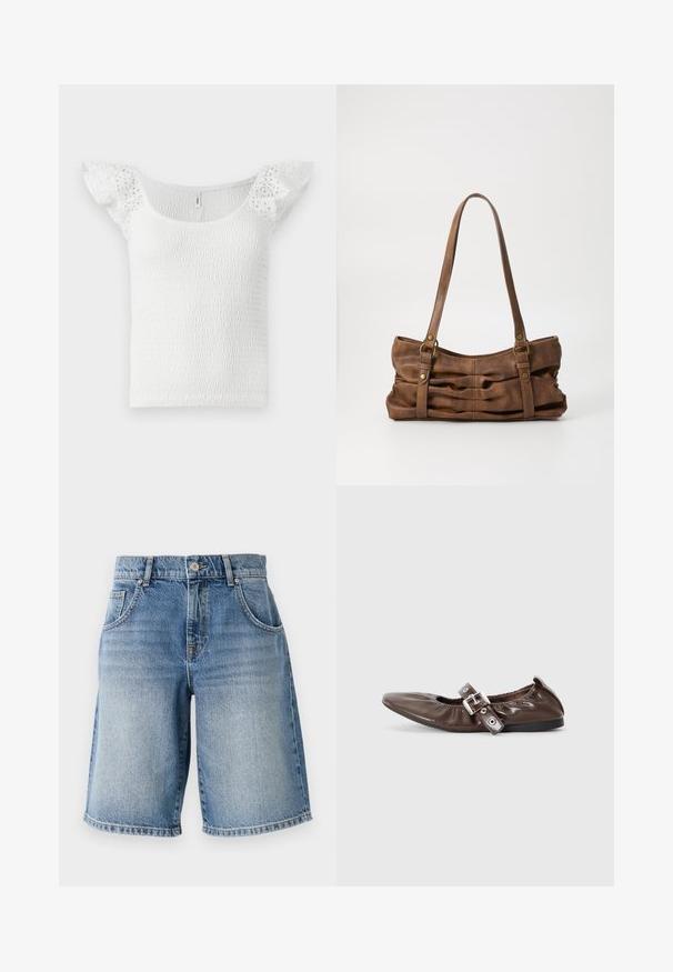 Weißes Oberteil mit einem gerafften Design, weitem Ausschnitt und kurzen, spitzen Rüschensäumen, mit einer strukturierten Oberfläche.; Hellblaue Denim-Shorts mit geradem Schnitt, fünf Taschen und bronzefarbenen Beschlägen. Mit fransigem Saum und einer ausgewaschenen Waschung.; Braunes Lackleder-Ballerina mit spitzem Zeh, elastischem Schleifendetail und silberner Schnallenakzent an der Seite. Schwarze Gummisohle.; Even&Odd Handtasche - brown