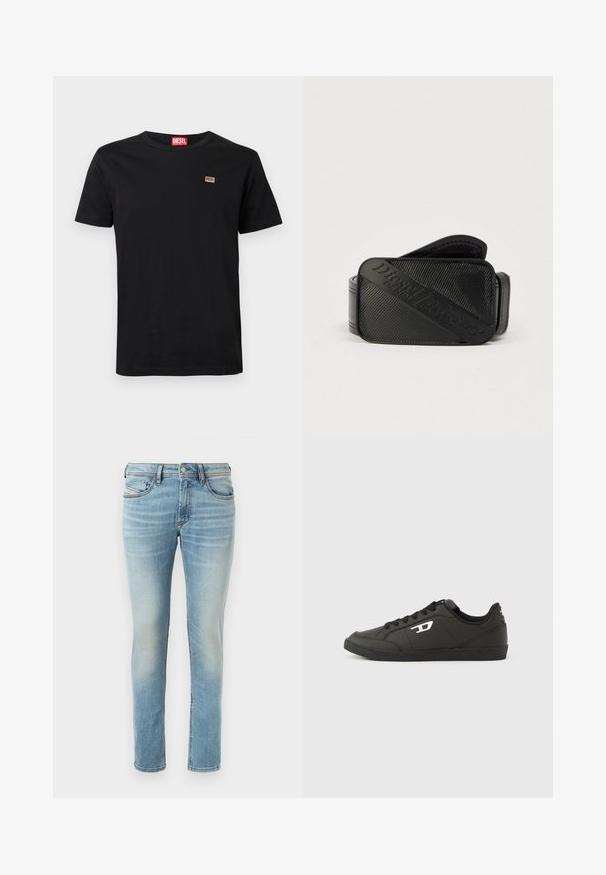 Zwart T-shirt met korte mouwen van katoen met een ronde hals. Heeft een klein geborduurd logo op de linkerborst.; Lichtblauwe denim spijkerbroek met een slim fit, vijf-pocket ontwerp en subtiele vervaging, met knoopsluiting en riemlussen.; Zwarte sneakers van synthetisch materiaal met een geribbelde zwarte zool, ronde neus en vlakke zwarte veters. Opvallend wit logomerk aan de buitenzijde.; Zwarte riem met een gestructureerd ontwerp en een opvallend geperst logo. Het materiaal lijkt glad met een lederachtige afwerking.