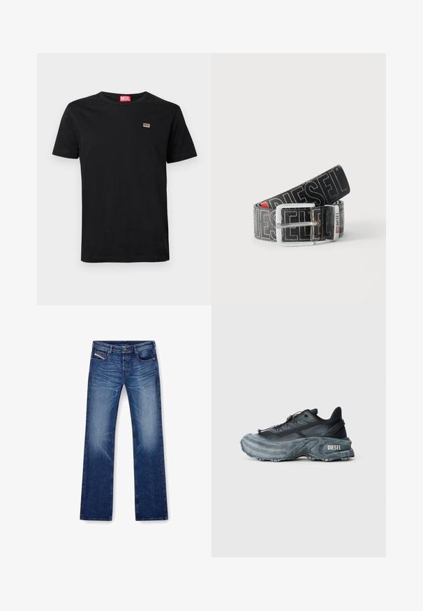 Schwarzes kurzärmeliges T-Shirt aus Baumwolle mit Rundhalsausschnitt. Verfügt über einen kleinen Markenaufnäher auf der linken Brust.; Blaue Jeans aus Denim mit geradem Bein, fünf Taschen und passendem Stich. Der Stoff hat eine glatte Textur mit leichter Ausbleichung.; Schwarz- und graue Diesel-Sneaker mit dicker Sohle, Schnürverschluss und strukturiertem Design auf einem schlichten hellgrauen Hintergrund.; Schwarzer Diesel-Gürtel mit großem weißen Logotext, rechteckiger silberner Schnalle und gebrandetem Metallschlaufen-Detail, aufgewickelt auf hellem Hintergrund.