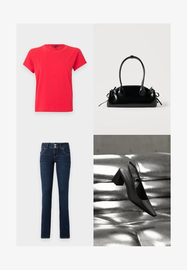 Knallrotes T-Shirt mit kurzen Ärmeln und Rundhalsausschnitt, schlichtes Design und sichtbare Etikette innen am Halsausschnitt vor grauem Hintergrund.; Dunkelblaue Skinny-Jeans mit doppelt-knopfverschluss, Fronttaschen und gelben Nähten auf einem weißen Hintergrund.; Schwarzer Slingback-Absatz mit spitz zulaufender Spitze, der eine strukturierte Oberfläche und einen massiven Blockabsatz aufweist. Auf einem glänzenden, metallischen Hintergrund platziert.; Kleine schwarze glänzende Handtasche mit zwei langen Griffen und seitlichen Kordelzug-Details vor einfachem hellem Hintergrund.