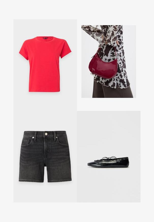 Lyse rød T-shirt med korte ærmer og rund hals, ensfarvet design, med mærke synligt inde i halsudskæringen mod en grå baggrund.; Sorte denimshorts med et klassisk femlomme-design, der har en frontknaplukning og let falmning for tekstur.; Sort spids flad sko med snørebånd foran og øjet detaljer langs kanterne, vist på en hvid baggrund.; Kvinde iført en sort- og hvidmønstret bluse, der holder en blank rød skuldertaske mod en ensfarvet baggrund.