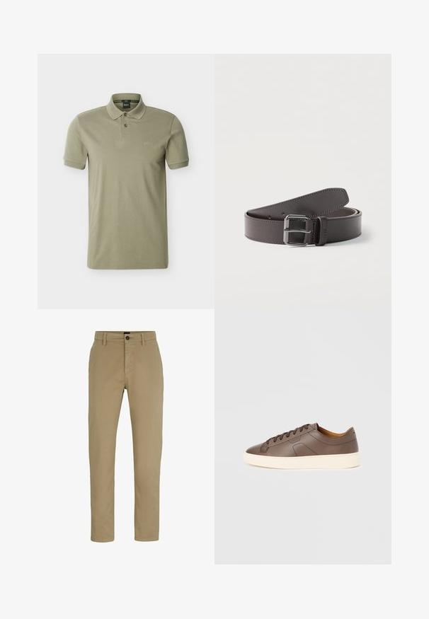 Heren polo met korte mouwen in olijfgroen, met een tweeknops placket en het "BOSS"-logo geborduurd op de borst.; Beige katoenen chinos met een slim fit, platte voorkant en een knoopsluiting. Voorzien van ceintuurlussen en zijzakken voor functionaliteit.; Bruine leren sneaker met een gladde textuur, contrasterende crèmekleurige buitenzool, ronde neus en donkerbruine veters; heeft een subtiel geperst logo.; Donkerbruine leren riem opgerold met een vierkante metalen gesp en zichtbare stiksels langs de randen.