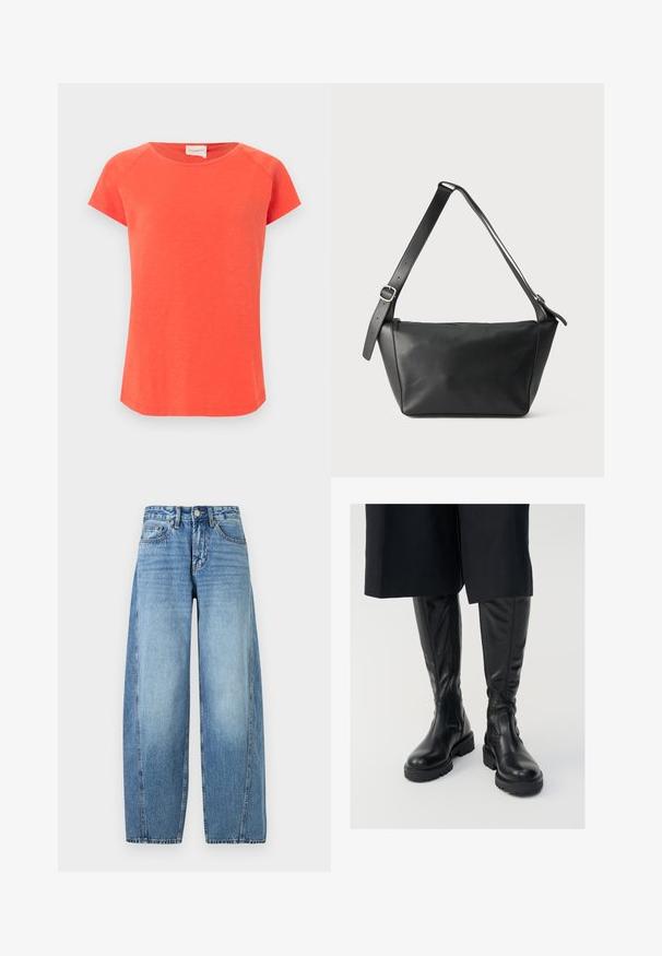 Enkelt, lyst orange kortærmet T-shirt med rund halsudskæring og synlige sømme på skuldre og ærmer mod en lys baggrund.; Blå højtaljede cowboybukser med brede ben, foran lukning med knapper og lynlås samt fem-lomme-design.; Sorte læder knæhøje støvler med en glat tekstur, kraftige såler og side-lynlåse. Designet har diskrete sømdetaljer.; Sort læder skuldertaske med bred justerbar rem og sølvspænde, vist mod en ensfarvet lys baggrund.