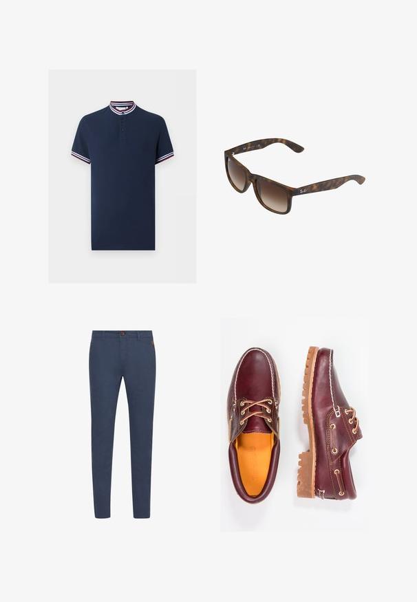Polo azul marino de manga corta con tres botones, cuello y puños de manga a rayas en blanco, azul marino y burdeos.; Pantalones de algodón azul marino con corte slim, con un botón marrón, bolsillos frontales y costuras simples. Textura suave, sin patrones visibles.; Zapatos de cuero burdeos con suelas de goma marrón, puntera redonda, costuras blancas y ojales dorados. El interior cuenta con un forro amarillo.; Gafas de sol de carey con lentes marrones degradados, forma rectangular, montura gruesa y un acento de logo plateado en el lateral.