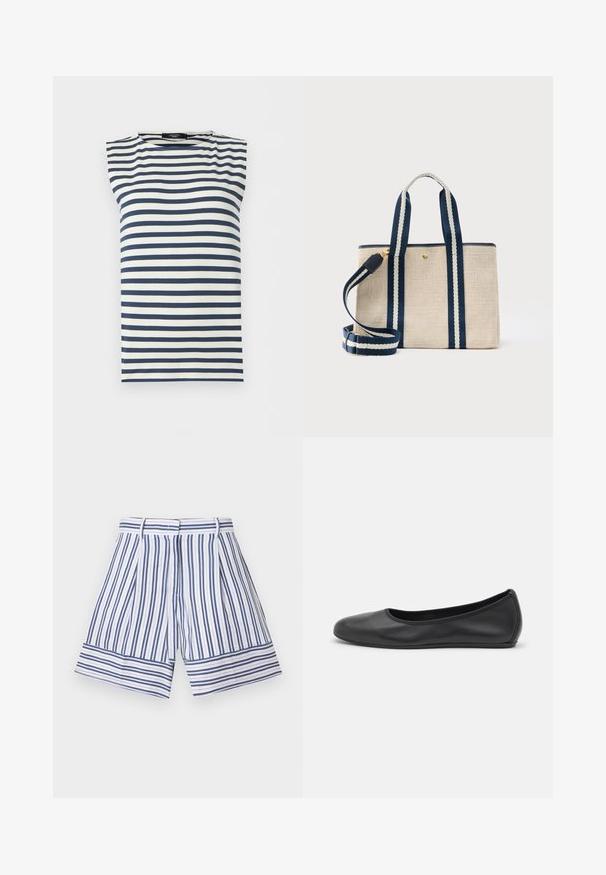 Ærmeløs top med navyblå og hvide vandrette striber og rund halsudskæring på ensfarvet baggrund.; Stribede shorts med blå og hvide lodrette striber, med bred afslutning og plisseret frontdesign. Lavet af letvægtsstof.; Sort læderballetsko med rund tå, glat tekstur, minimal syning og et fleksibelt såldesign.; Beige stoftaske med navyblå og hvide stribede håndtag og aftagelig skulderrem, med en lille guldknap som lukning.