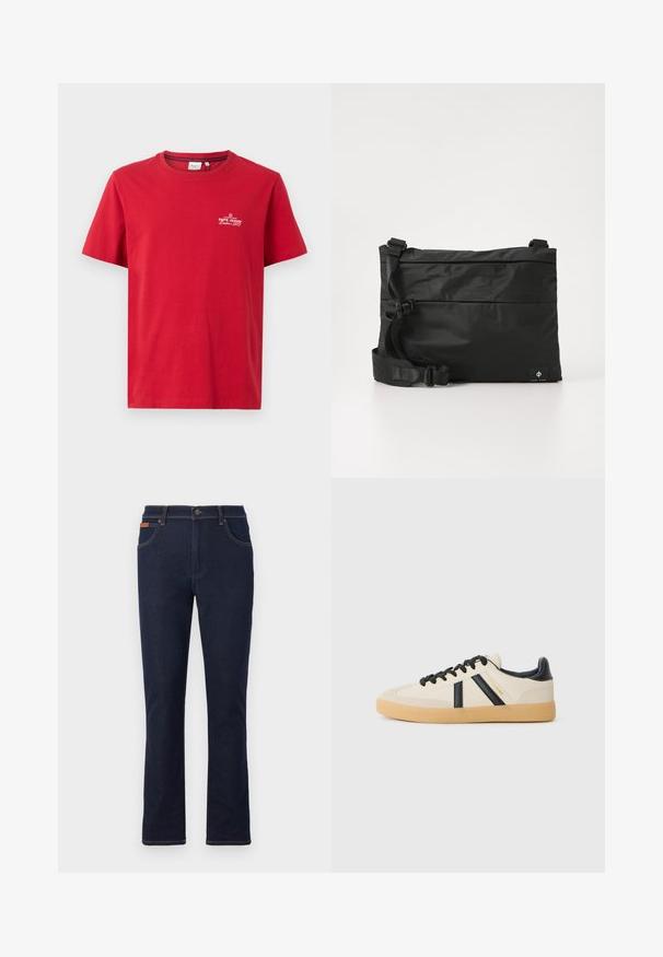 Pepe Jeans THIAGO TEE - T-Shirt print - rugby red; Dunkelblaue Jeans mit geradem Bein, vorderem Knopf und Reißverschluss, Taschen vorne und hinten sowie braunen Nähten.; Legere Sneaker in Creme mit schwarzen Streifen, mit einer strukturierten Oberseite und einer Sohle aus Gummi. Die Schnürsenkel sind schwarz. Diskretes Logo an der Seite.; Schwarze Nylon-Umhängetasche mit verstellbarem Riemen, flachem Design und seitlichem Etikett mit Logo. Glatte Textur und minimalistischer Stil.