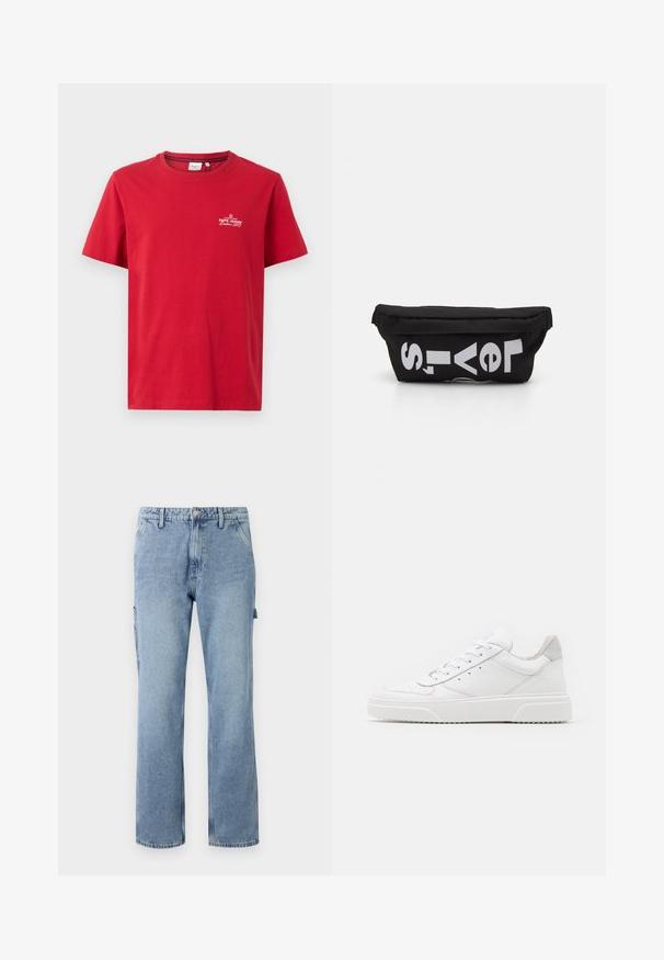 Pepe Jeans THIAGO TEE - Tričko s potlačou - rugby red; Svetlomodré denimové cargo nohavice so širokými nohavicami, piatimi vreckami a zapínaním na gombík. Majú bočné vrecká a voľný, uvoľnený strih.; Biele kožené tenisky s hladkým povrchom, zaoblenou špičkou, plochými šnúrkami a textúrovanou podrážkou. Sivý semišový akcent na päte.; Čierna taška z tkaniny s plochým tvarom, s výrazným bielym textom. Zips je umiestnený na vrchu, s detailom slučky na jednej strane.