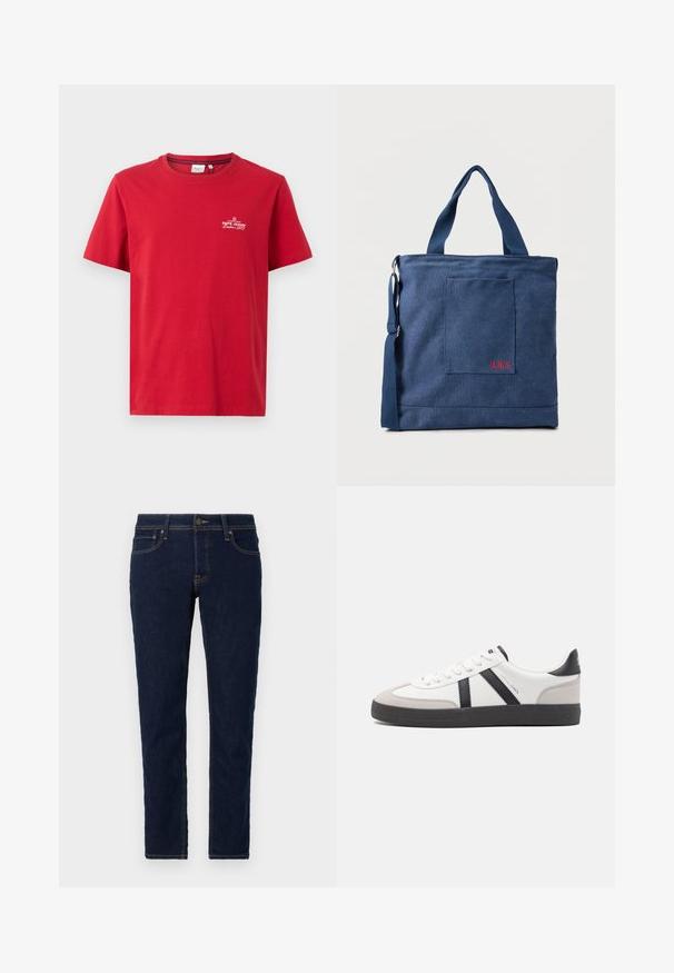 Pepe Jeans THIAGO TEE - T-shirt print - rugby red; Donkerblauwe denim jeans met een slim fit. Heeft een standaard vijf-pocket ontwerp, contrasterende stiksels en een metalen knoopsluiting.; Witte sneaker met zwarte en grijze accenten, voorzien van een grijze neus met textuur, zwarte rubberen zool en platte witte veters. Schoon ontwerp, minimalistische stijl.; Blauwe canvas tas met voorvak en rode "O.N.S" borduring, voorzien van dubbele handvatten en een verstelbare schouderriem.