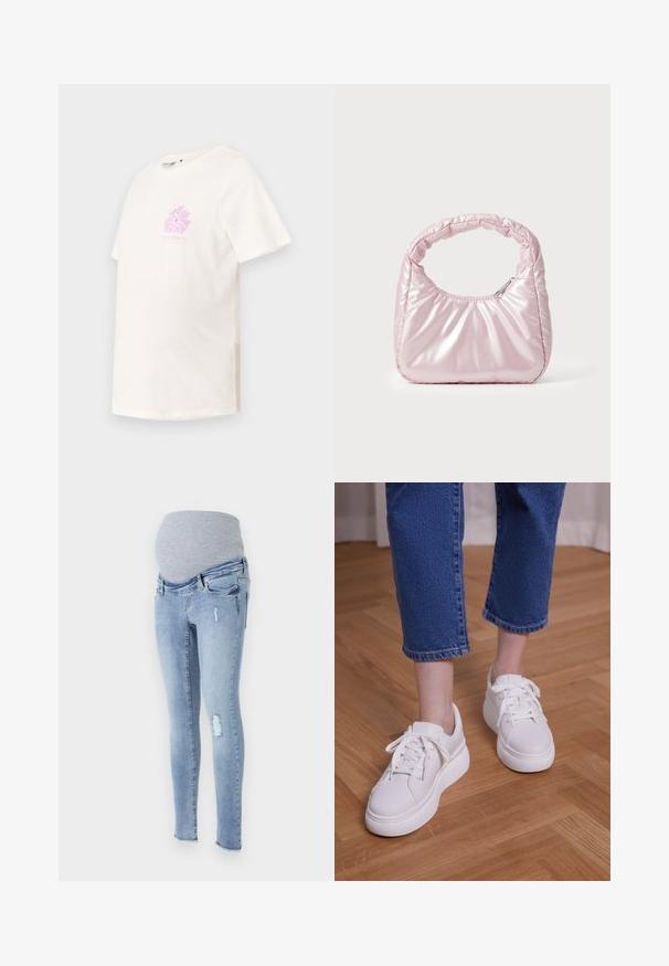 Korte mouwen, crew-neck T-shirt in off-white katoen, met een pastelroze bloemenprint op de borst en een ontspannen pasvorm.; Materniteit skinny jeans in lichtblauwe denim met een zachte grijze elastische tailleband, versleten accenten en een taps toelopende pasvorm.; Benen met cropped blauwe jeans en witte vetersneakers met plateauzool, staand op een lichte houten vloer.; Roze, gevoerde handtas met een afgeronde vorm, gemaakt van glanzend materiaal. Beschikt over een geplooide handgreep en een ritssluiting voor veilige toegang.