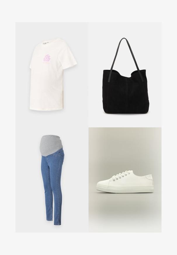 T-shirt à manches courtes, col rond en coton blanc cassé, présentant un motif floral pastel rose sur la poitrine et une coupe décontractée.; Jeans de maternité avec un design ajusté, en denim bleu et une ceinture en jersey gris doux pour plus de confort. Dotés de poches arrière et d'une coupe slim.; Baskets basses blanches avec lacets blancs et semelle en caoutchouc, vues de côté sur un fond neutre.; Sac fourre-tout en suède noir avec deux longues anses en cuir plates. Présente un bord supérieur incurvé et des coutures visibles sur le devant. Pas d'accents en métal.