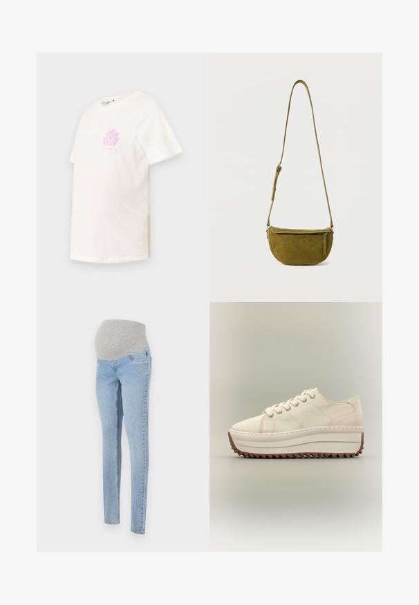 Kortærmet t-shirt med rund hals i off-white bomuld, der har et pastelfarvet rosa blomstermotiv på brystet og en afslappet pasform.; Graviditetsbukser i lys blå denim med en blød grå stræk-linning. Har slim fit og klassisk fem-lomme design.; Kremfarvet platform sneakers med tyk hvid sål og brunt zigzag mønster, snørelukning og øvre materiale af lærred.; Olivengrøn ruskind skuldertaske med justerbar rem og lynlåslomme foran på ensfarvet hvid baggrund.