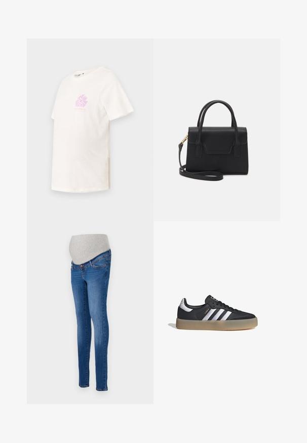 Camiseta de manga corta y cuello redondo en algodón color blanco roto, con un gráfico floral en tonos pastel rosa en el pecho y un corte holgado.; Jeans de maternidad en denim azul con un corte ajustado. Cuenta con un panel de estiramiento gris para mayor comodidad. Diseño clásico de cinco bolsillos con un ligero desvanecimiento.; Zapatilla deportiva de cuero negro con tres rayas plateadas, punta texturizada y suela de goma. Cuenta con un collar acolchado y un diseño con cordones.; Bolso estructurado negro de cuero con un asa superior, correa de hombro desmontable y un detalle de tapa en la parte frontal. Acentos en dorado.