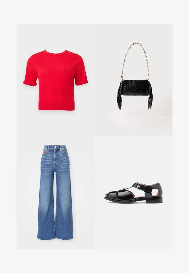 Haut en tricot rouge à manches courtes avec encolure ronde blanche, détail volanté sur la manche gauche, et petite broderie de cheval sur le côté gauche de la poitrine.; Jean taille haute à jambe large en denim bleu clair avec un léger délavage, dotés d'une fermeture à bouton et d'un accent en cuir au niveau de la ceinture arrière.; Sandale en cuir verni noir avec design ajouré, bride de cheville avec boucle métallique, et petit talon empilé. Texture lisse avec finition brillante.; Petit sac à main en cuir noir avec bandoulière chaîne argentée et pompons en cuir noir de chaque côté, sur un fond clair uni.