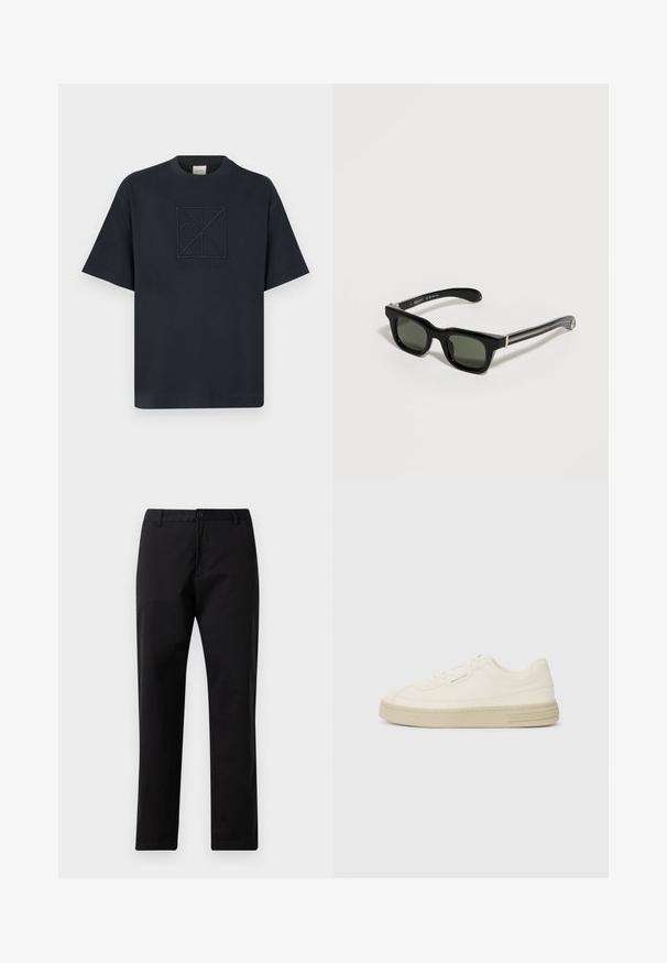 Camiseta de algodón azul marino con mangas cortas, con un logo bordado de Calvin Klein y un diseño geométrico en el frente, cuello redondo y corte holgado.; Pantalones rectos negros con cierre de botón y cremallera, pasadores para cinturón y bolsillos delanteros, exhibidos sobre un fondo blanco.; Zapatillas de lona blancas con suela de goma texturizada, que cuentan con una puntera cosida y un acento de logo en el talón. Diseño simple de cordones.; Gafas de sol rectangulares negras con montura gruesa y lentes oscuras descansando sobre una superficie clara.