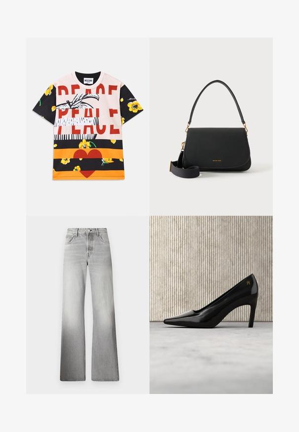 Bomulds T-shirt med et grafisk mix af blomster mønstre, fed "PEACE" tekst i rødt, og stribede sektioner i sort, orange og creme.; Grå denim brede ben jeans med høj talje, falmet tekstur, fem lommer og lynlås med knaplukning.; Sort højhælet sko med spids snude og gulddetalje med logo, placeret opret på en reflekterende overflade ved siden af en metal arkivorganisator.; Sort læder skuldertaske med buet klap, guldfarvet hardware, justerbar stof crossbody-rem og lille Michael Kors-logo.