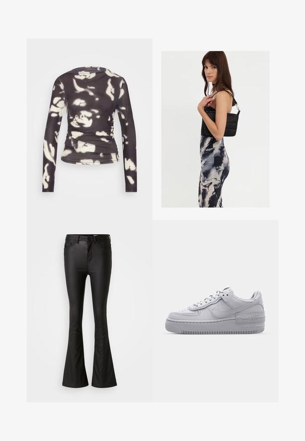 ONLY ONLPARIS RUCHING - Langarmshirt - phantom/white; Schwarze, ausgestellte Jeans aus einem glänzenden, glatten Stoff. Sie haben eine hohe Taille, Vorderaschen und einen Reißverschluss mit einer Knopfschließe.; Graue Nike Air Force 1 Sneaker mit perforierter Zehenpartie, Obermaterial aus glattem Leder, dicker Sohle und geprägtem 'AIR'-Detail an der Ferse.; Schwarze gesteppte Schultertasche mit einem einzelnen Riemen und silberner Hardware, kombiniert mit einem figurbetonten Kleid im Batikmuster in Schwarz- und Cremetönen.