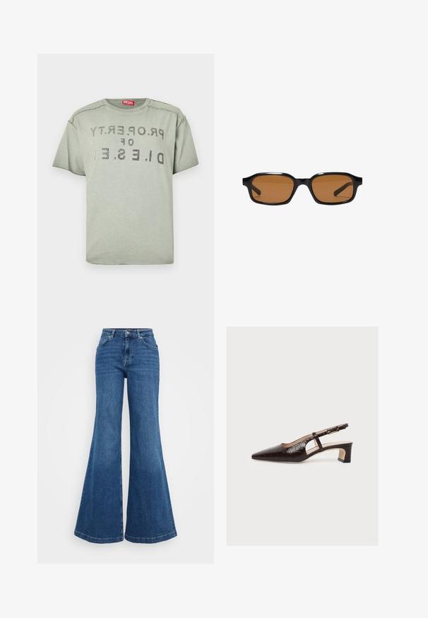 Lysegrå Diesel T-shirt med falmet sort tekst "PROPERTY OF D.I.E.S.E.L" spejlvendt på forsiden og et rødt mærke med brandnavn inde i kraven.; Blå denim flared jeans med høj talje, der har et klassisk five-pocket design og en glat tekstur. Kantene er brede og færdigbehandlede.; Brun slingback-sko med spids tå, lav blokhæl, krokodillemønster, sideudskæring og justerbar spænderem, vist på hvid baggrund.; Sorte rektangulære solbriller med tykke stel og brune tonede linser, vist forfra på en hvid baggrund.