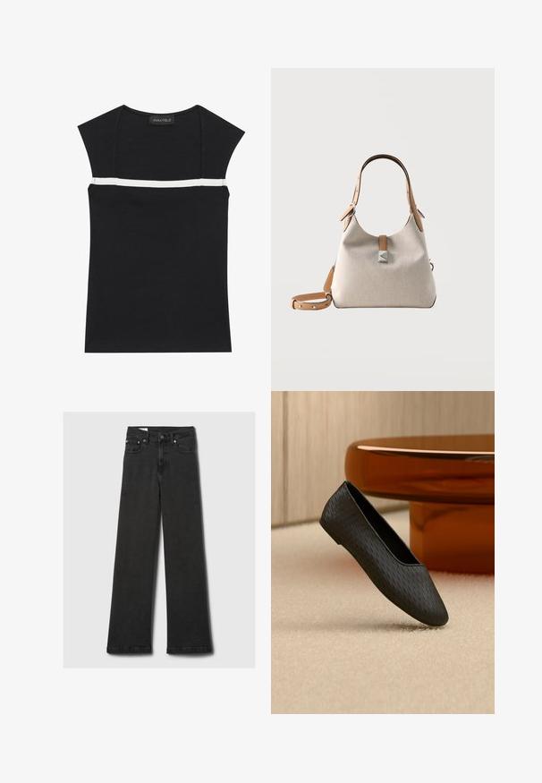 Débardeur noir ajusté avec texture côtelée et manches courtes, présentant une bande blanche horizontale à la poitrine et une étiquette au niveau du col.; Jeans noirs taille haute à jambes droites avec cinq poches et rivets en cuivre, posés à plat sur un fond gris clair.; Chaussure plate noire texturée à enfiler flottant au-dessus d’un tapis beige près d’un pied de table rond couleur ambre.; Sac à main en tissu beige avec poignées et bandoulière en cuir fauve, détail de fermoir argenté, fond structuré et design minimaliste.