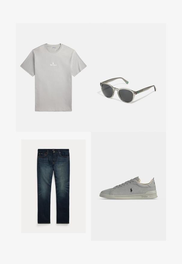 Grå bomulds T-shirt med korte ærmer, rund halsudskæring og en lille hvid logo med en hest og "Ralph Lauren" på brystet.; Mørkeblå denimjeans med lige ben, subtil falmning nær knæene og orange syninger på lommer og sømme.; Grå ruskind lavtop sneakers med Polo-logo på siden, snørebånd foran og polstret sål med Polo-branding på hælen og sålkanten.; Gennemsigtige grå solbriller med mørke linser, rund ramme og grønne accenter på stængerne. Har en poleret overflade for en glat tekstur.