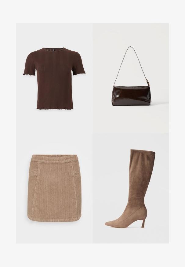 Haut marron en maille côtelée à manches courtes avec un col rond et des bords festonnés aux manches et à l'ourlet, présenté sur un fond clair uni.; Jupe en velours côtelé de couleur marron clair. Présente une taille ajustée, une texture ribbée verticale et deux poches latérales. Longueur mi-cuisse.; Botte en daim marron jusqu'au genou avec un bout pointu et un talon effilé, présentant une texture lisse et un design sans couture.; Sac à bandoulière rectangulaire en cuir marron foncé avec une seule sangle fine et une boucle dorée sur un fond uni.