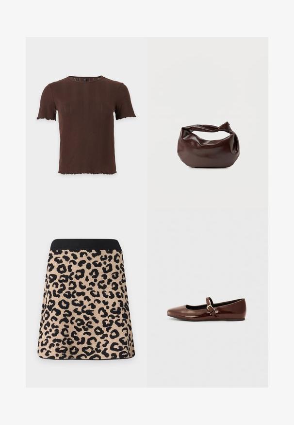 Haut marron en maille côtelée à manches courtes avec un col rond et des bords festonnés aux manches et à l'ourlet, présenté sur un fond clair uni.; Jupe en imprimé léopard avec taille noire, fond beige et taches noires irrégulières, présentée à plat sur un fond blanc.; Ballerine en cuir verni marron avec un bout carré et une lanière ornée d'une petite boucle dorée. Texture lisse, talon bas et design minimaliste.; Sac bandoulière en cuir marron foncé avec une forme souple et décontractée et une anse nouée torsadée sur un fond blanc uni.