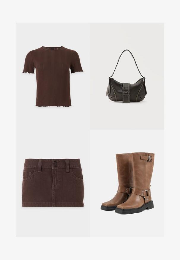 Haut marron en maille côtelée à manches courtes avec un col rond et des bords festonnés aux manches et à l'ourlet, présenté sur un fond clair uni.; Mini-jupe en denim marron avec poches avant, passants de ceinture et double fermeture à boutons sur un fond clair uni.; Paire de bottes mi-mollet en cuir marron avec semelles épaisses noires, brides latérales avec boucles et rivets métalliques, et bouts carrés.; Sac à épaule en cuir noir avec une sangle à boucle, des bords arrondis et des coutures blanches contrastées sur un fond uni.