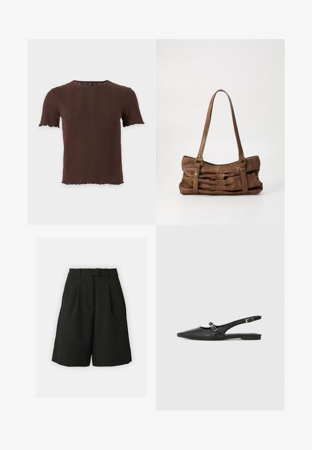 Kortebruine geribbelde gebreide top met ronde halslijn en geschulpte randen aan mouwen en zoom, afgebeeld op een effen lichte achtergrond.; Vero Moda Tall VMBECCA BERMUDA - Shorts - black; Zwarte leren slingback schoenen met een spitse neus, voorzien van een smalle band en een zilveren gesp aan de zijkant. Platte zool.; Even&Odd by Zalando Handtas - brown