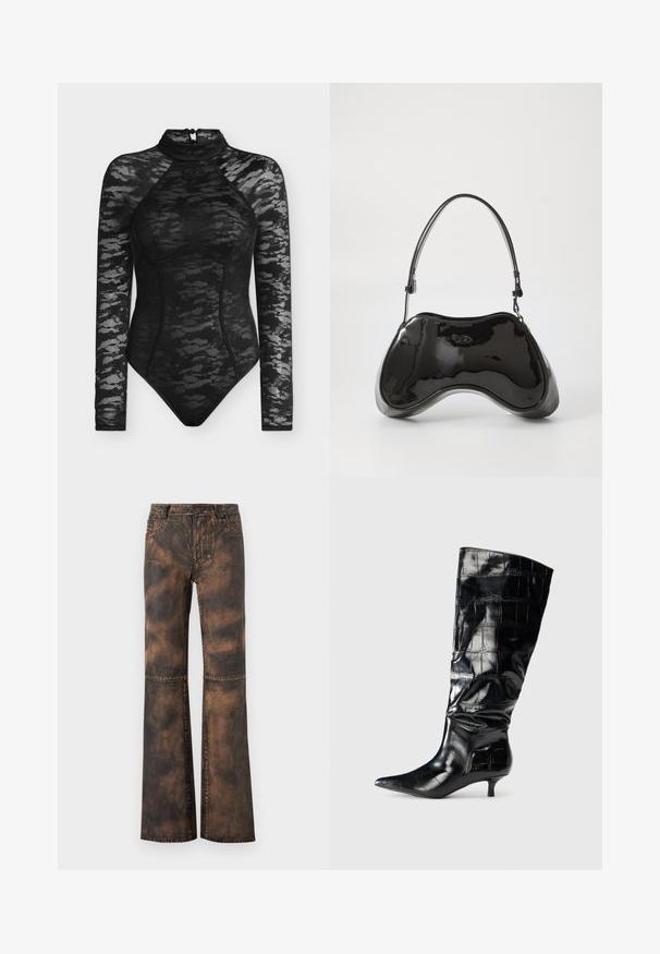 Schwarzer Langarm-Body mit halbtransparentem floralen Spitzenmuster, Stehkragen und sichtbaren Nähten, präsentiert auf schlichtem Hintergrund.; Braune Jeans im Schlagschnitt mit einem verblassten, strukturierten Finish. Mit fünf Taschen, Gürtelschlaufen und einer Knopfverschluss. Flache Nähte und weiter Beinverlauf.; Schwarze knielange Stiefel aus glänzendem, krokodilgeprägtem Material, mit spitzem Zeh und niedrigem Kitten-Absatz. Glatte Textur mit sanften Falten.; Schwarze Handtasche aus lackiertem Leder mit einer einzigartigen, geschwungenen Form, kurzem verstellbarem Griff und einem Reißverschluss oben. Glatte Textur mit dezentem Branding.