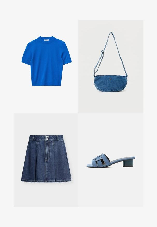 Pull en maille bleu vif à manches courtes, col rond et poignets et ourlet côtelés.; Jupe en jean bleu foncé en forme trapèze avec fermeture à double bouton, passants de ceinture et plis avant sur un fond clair uni.; Mule bleu en daim à bout ouvert avec larges brides tissées et un petit talon bloc sur fond blanc.; Sac bandoulière en jean bleu avec sangle ajustable et petit logo métallique sur le devant, présenté sur fond blanc.
