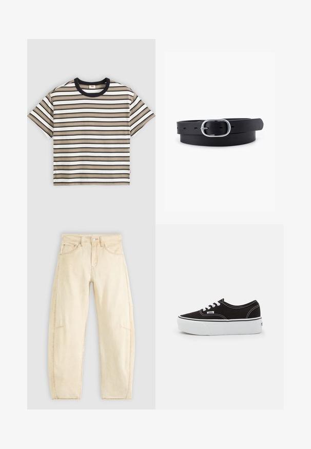 Kortærmet T-shirt med vandrette striber i beige, sort og hvid samt sort rund hals på ensfarvet baggrund.; Beige denim jeans med en afslappet pasform, der har høj talje, fem lommer og diskret fading. Uferdige detaljer ved anklerne.; Sort lærred sneakers med en hvid gummi platform sål, der har hvide snørebånd og syninger, ikonisk branding på siden, lav-top design.; Sort læderbælte med en glat overflade, oval sølvmetalspænde og flere justeringshuller langs stroppen. Flad, minimalistisk design.
