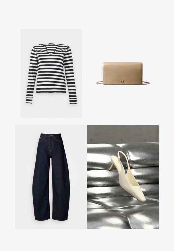 Langarmig zwart-wit horizontaal gestreept shirt met een ronde halslijn, plat uitgestald op een effen achtergrond.; Donkerblauwe wijde jeans van denim, met een hoge taille, rechte snit, vijf zakken en contrasterende stiksels.; Crèmekleurige slingback kittenheel schoen met een vierkante neus, rustend op een glanzend zilverkleurig gewatteerd lederen oppervlak.; Beige leren clutch met gouden kettingriem en een klein gouden "cK" logo in het midden van de voorflap.