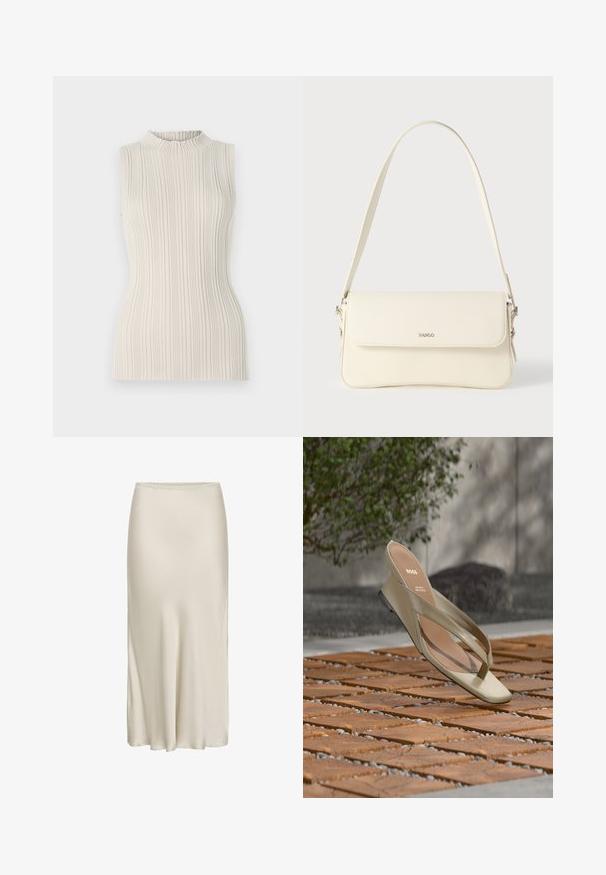 Top sans manches en beige clair, doté d'une texture côtelée et d'un col haut froncé. La silhouette cintrée met en valeur la forme.; Jupe-culotte beige longueur cheville en tissu soyeux, avec une ceinture lisse et une légère évasement vers l'ourlet.; Sandale à lanière en cuir beige avec le logo BOSS sur la semelle intérieure, flottant au-dessus d'une terrasse en lattes de bois avec du petit gravier entre les lattes.; Sac à bandoulière en cuir couleur crème avec fermeture à rabat, quincaillerie argentée, une bandoulière réglable et un logo discret.