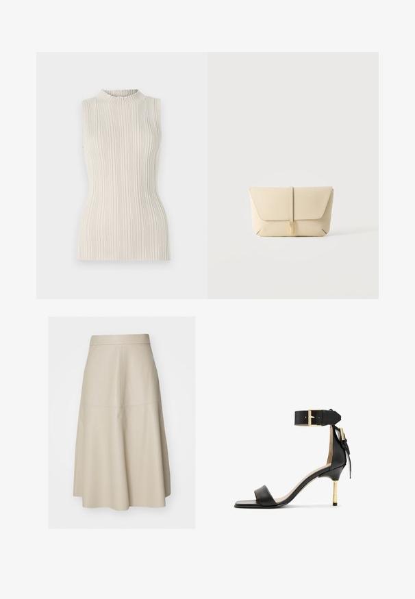 Mouwloos topje in lichtbeige, met een ribbeltextuur en een hoge, geplooide halslijn. De getailleerde pasvorm accentueert de vorm.; Beige A-lijn midi-rok met zichtbare naaddetails en een aansluitende tailleband, gemaakt van glad leerachtig materiaal.; Zwarte leren sandalen met hak en vierkante neus, enkelband met een gouden gesp en een slanke metalen hak. Soepele textuur, minimalistisch ontwerp.; Beige leren clutch met een voorflap en een verticale riemsluiting, tegen een effen lichte achtergrond.
