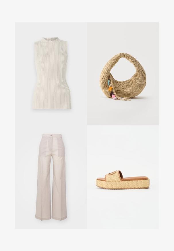 Mouwloos topje in lichtbeige, met een ribbeltextuur en een hoge, geplooide halslijn. De getailleerde pasvorm accentueert de vorm.; Beige wijde pantalon gemaakt van een lichte geweven stof, met een hoge taille, enkele knoopsluiting aan de voorkant en subtiele textuur.; Geweven stro slide sandalen met een tan kleurige faux leren band en een platformzool, voorzien van een textuur en een cirkelvormig accentdetail.; Beige gehaakte handtas in halvemaanvorm met ritssluiting en kleurrijke bloem- en hartvormige bedels die aan de ritssluiting hangen.