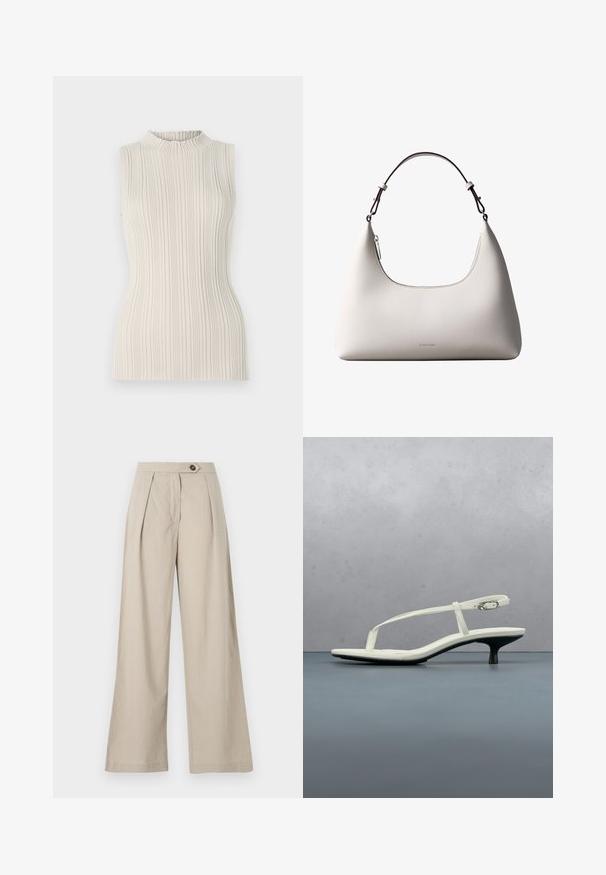 Mouwloos topje in lichtbeige, met een ribbeltextuur en een hoge, geplooide halslijn. De getailleerde pasvorm accentueert de vorm.; Beige wijde broek met een hoge taille, voorzien van plooien, een enkele knoopsluiting en een soepele stofstructuur.; Witte sandaal met smalle bandjes en kitten heel, met een spitse neus, zwevend boven een houten tegelvloer buiten, met op de achtergrond een wazige plant en muur.; Romige Calvin Klein leren schoudertas met gebogen bovenrand, zilveren rits en donkerbruine verstelbare riem.