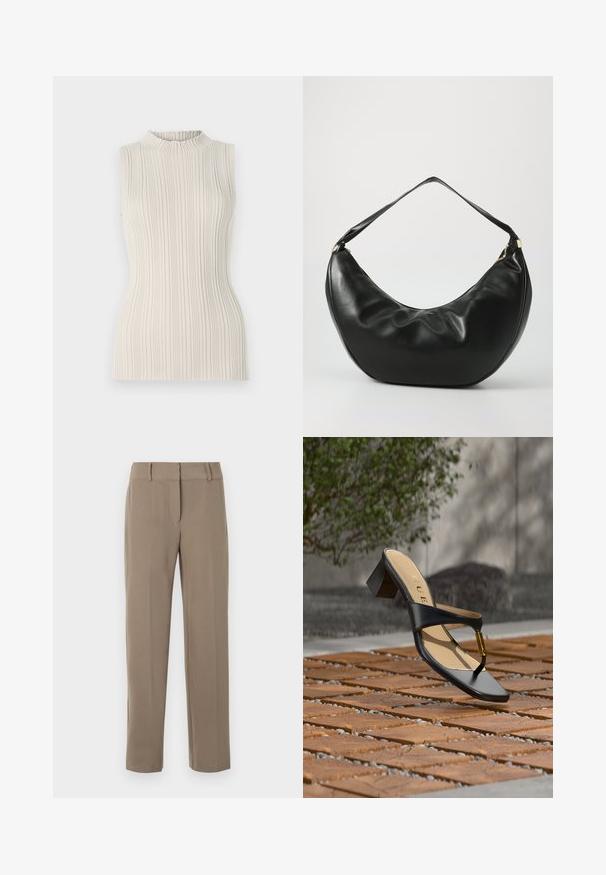 Top sin mangas en un suave beige, con una textura acanalada y un escote alto y fruncido. La silueta ajustada realza la figura.; Pantalones caqui de pierna recta con trabillas para cinturón y cierre frontal de cremallera sobre fondo blanco.; Sandalia negra de tacón con lazo para el dedo y acento dorado, colocada sobre una superficie pavimentada de madera y piedra al aire libre cerca de vegetación.; Bolso de hombro de cuero negro con una forma curva, textura suave y una sola correa; cuenta con un zipper dorado y un branding sutil.