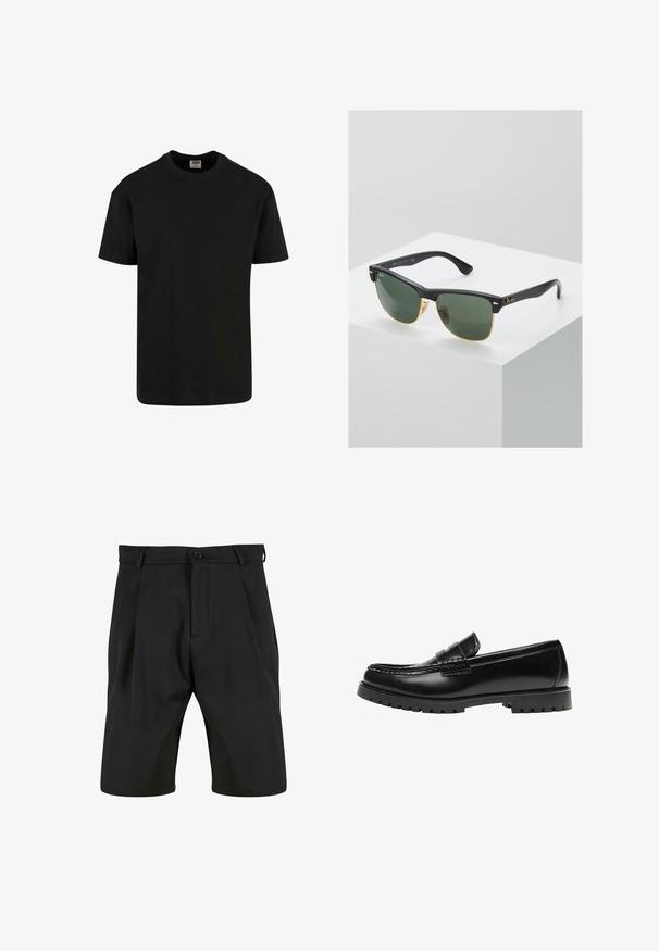 Urban Classics SHORTSLEEVE - T-shirts basic - black; Sorte shorts lavet af et glat stof med skræddersyet design, der har en frontknaplukning, læg og sidelommer.; Sort læderloafer med en kraftig gummisål og klassiske penny-strap detaljer, vist fra ydersiden.; Ray-Ban solbriller med grønne linser, sorte plastikstel og gyldne detaljer ved kanterne. Firkantet form med mat finish.