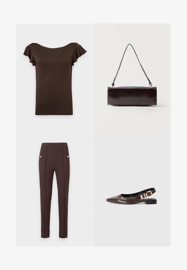 Haut marron à manches courtes pour femme avec manches volantées et large encolure bateau, présenté sur un fond clair uni.; Pantalon marron slim avec coutures verticales et poches avant inclinées, chacune ornée d’un unique bouton rond doré.; RAID RUCHI - Ballerines - brown; Sac à main rectangulaire en cuir noir avec une longue bandoulière unique et une finition brillante, présenté sur un fond blanc uni.
