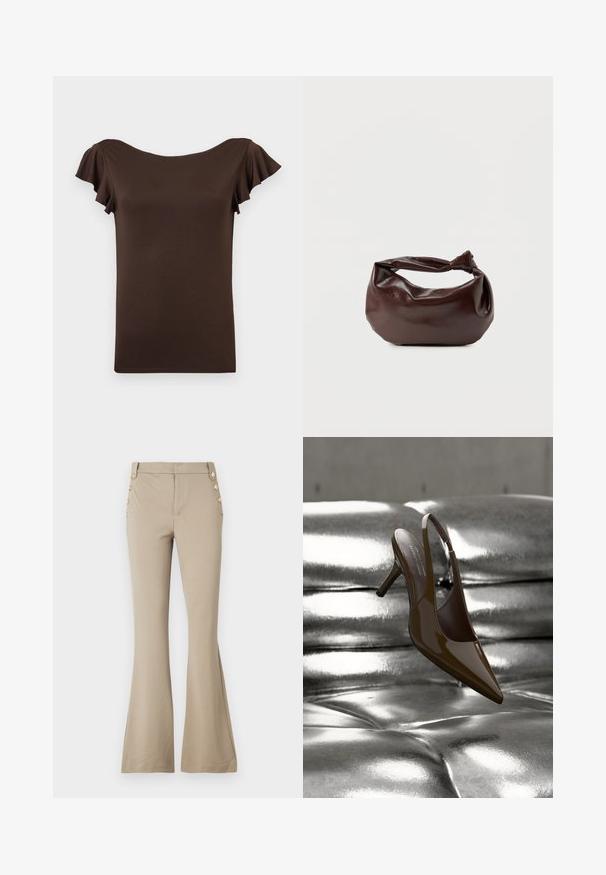 Haut marron à manches courtes pour femme avec manches volantées et large encolure bateau, présenté sur un fond clair uni.; Pantalons évasés beiges en tissu doux, avec une taille ajustée et cinq boutons décoratifs dorés de chaque côté. Texture lisse sans motifs.; Chaussure à talon haut à bride arrière marron brillante à bout pointu flottant au-dessus d'un coussin capitonné argenté métallique.; Sac bandoulière en cuir marron foncé avec une forme souple et décontractée et une anse nouée torsadée sur un fond blanc uni.