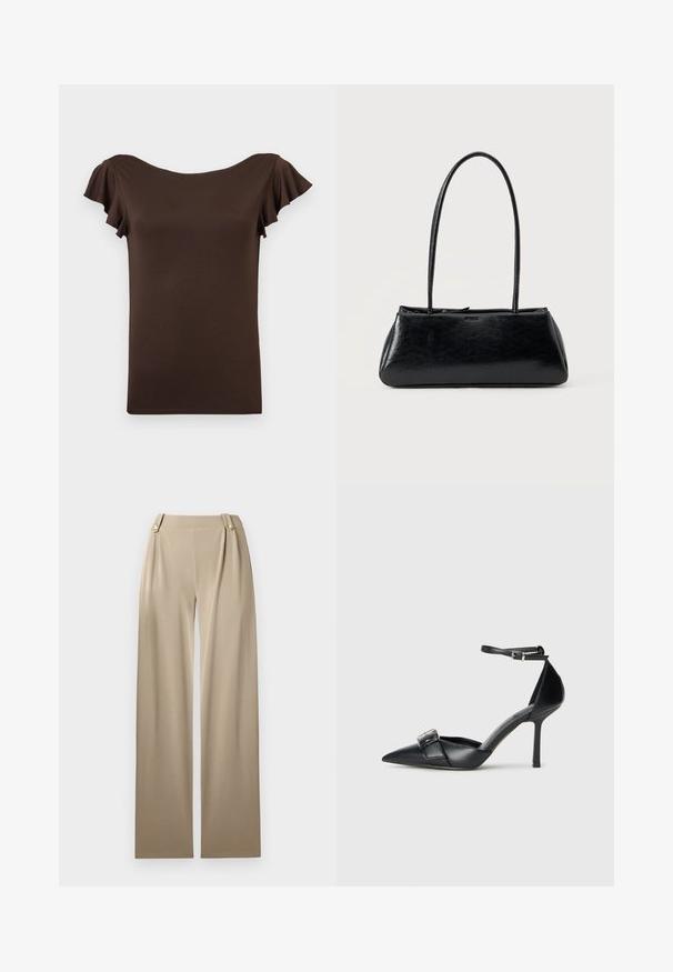Brun kortærmet damebluse med flagrende ærmer og bred bådudskæring, vist mod en ensartet lys baggrund.; Beige brede bukser med en glat overflade, der har to dekorative knapper i taljen og subtile plisseringer for ekstra detaljer.; Sorte læder højhælede sko med spids tå, ankelrem og en sølv spænde detalje. Glat tekstur med en strømlinet silhuet.; Sort rektangulær skuldertaske med lange tynde stropper og en glat, blank tekstur på en ensfarvet baggrund.