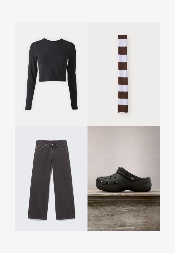 Camiseta negra de manga larga recortada, fabricada en una tela suave y elástica. Presenta un cuello redondo y mangas ajustadas, con un color sólido y sin estampados.; Vaqueros negros de mezclilla de pierna ancha con remaches de cobre, cinco bolsillos y cierre de botón. Textura suave y resistente, con un corte recto desde la cintura hasta el dobladillo.; Zueco de goma negro con agujeros de ventilación, tacón elevado, correa trasera y suela texturizada. Acabado liso con un diseño minimalista.; Calcetín a rayas marrón y blanco con una textura suave. El calcetín presenta bandas horizontales alternas de marrón oscuro y marrón claro.