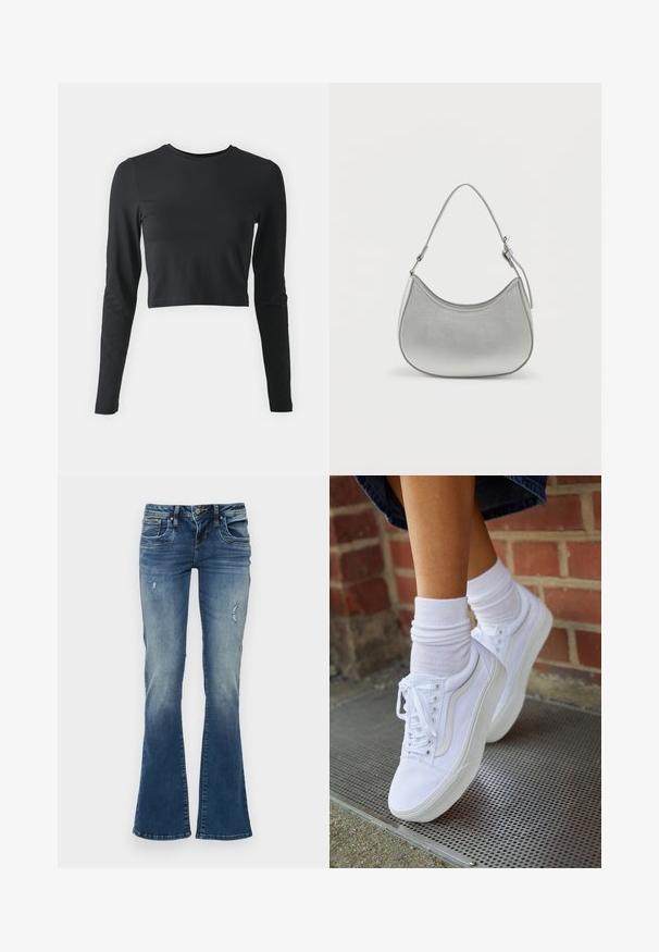 Sort cropped langærmet skjorte lavet af blød, strækbar stof. Har en rund halsudskæring og tætsiddende ærmer, med en ensfarvet overflade og ingen mønstre.; Denim jeans med flair i mellemblå med udskudte områder og slidte detaljer. Har fem lommer og lynlås med knaplukning.; Hvide lærreds sneakers med gummisåler, der har seks snørehuller, rund tå og let sømdetaljer, krydret med hvide ankelstrømper.; Sølv faux læder håndtaske med en buet form, kort justerbar strop og glat overflade, præget af minimal syning.