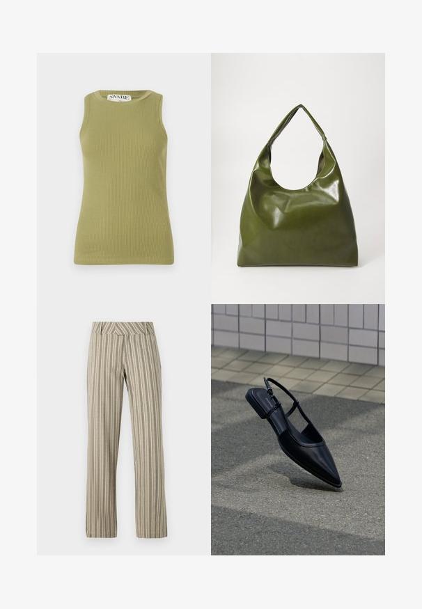 Grünes geripptes Tanktop mit Rundhalsausschnitt und ärmellosem Design. Der Stoff hat ein strukturiertes Muster und eine figurbetonte Silhouette.; Beige gestreifte Hochbundhose mit weit geschnittenem Bein aus leichtem Material, gerade Passform und seitlichen Taschen.; Schwarzer, spitz zulaufender Slingback-Flachschuh, der über einer Asphaltfläche neben einem gefliesten Bürgersteig schwebt.; Grüne Leder-Hobo-Tasche mit einem lässigen Design, gebogenem Griff und glatter Textur. Enthält keine sichtbaren Beschläge oder Akzente.