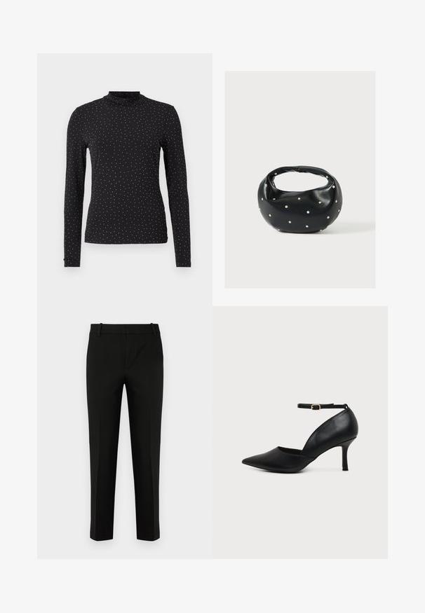 Sort langærmet turtleneck lavet af strækbart stof, med hvide prikker jævnt fordelt over overfladen.; Sort bukser med slim fit, der har flad front, sidelommer og en glat tekstur. Designet med mellemhøj talje og tapered ben.; Sort læder sko med spids tå, kitten heel, ankremme og gylden spænde på neutral baggrund.; Sort læderhåndtaske med en rundet form, dekoreret med sølvnitter, og et kort håndtag. Glat tekstur og lynlåslukning.