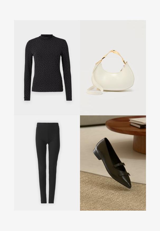 Schwarzer Langarm-Turtleneck aus dehnbarem Stoff, mit gleichmäßig verteilten weißen Punkten über die Oberfläche.; Schwarze, elastische Leggings mit enger Passform, die einen hohen Bund und eine glatte Textur aufweisen. Keine sichtbaren Muster oder Beschlagdetails.; Schwarzer flacher Lederschuh mit spitz zulaufender Spitze und zwei schmalen Riemen über dem Vorderteil, vor einem strukturierten gewebten Hintergrund.; Cremfarbene, halbmondförmige Handtasche mit glänzendem, goldfarbenem kurzem Griff und passendem langem Riemen vor schlichtem hellem Hintergrund.