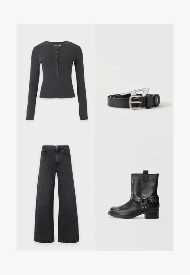 Langærmet, mørkegrå ribstrikket skjorte med rund hals og fem sorte knapper ned langs fronten.; Sorte viddebukser i denim, med høj talje, knaplukning og design med fem lommer. Diskrete slid- og vaskefornyelseseffekter.; Samsøe Samsøe SABRENTA - Cowboy- / bikerstøvlette - black; Sort læderbælte rullet med sølv rektangulært spænde og en unik sølv geometrisk bæltespids på hvid baggrund.