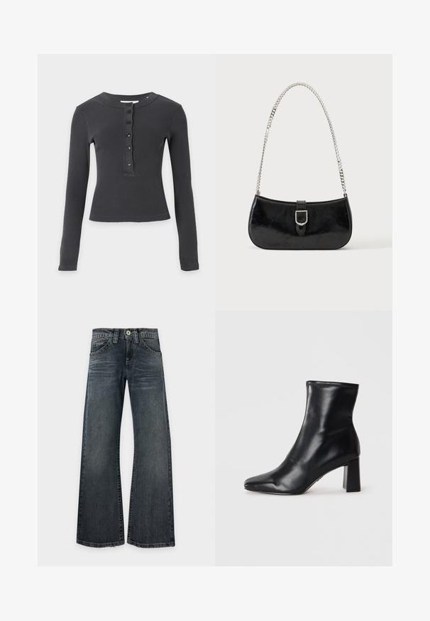 Chemise à manches longues, gris foncé côtelée, avec un col rond et cinq boutons noirs sur la patte de boutonnage avant.; Jean large à jambe évasée, lavage foncé, avec léger délavé sur les cuisses, design classique à cinq poches et coutures apparentes, posé à plat sur fond blanc.; Botte de cheville en cuir noir avec un bout pointu et un talon carré structuré. Texture lisse avec un design épuré et minimaliste.; Sac à épaule en cuir verni noir avec détail de boucle argentée et bandoulière en chaîne argentée, présenté sur un fond uni clair.