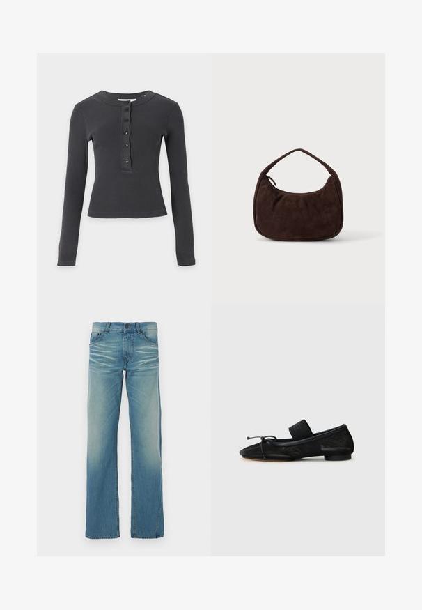 Langärmliges, dunkelgraues, geripptes Shirt mit rundem Ausschnitt und fünf schwarzen Knöpfen auf der Vorderleiste.; Helles blaues Denim-Jeans mit geradem Bein, verwaschenem Finish, fünf Taschen und Knopfverschluss. Sichtbare Nähte setzen Akzente.; Schwarze flache Schuhe mit einer spitzen Zehe, aus strukturiertem Stoff, mit einem Schleifenakzent und einem kleinen, runden Absatz. Elastisches Band am Knöchel.; Dunkelbraune Wildlederhandtasche mit kurzem Riemen und abgerundeter rechteckiger Form auf einem einfarbigen hellen Hintergrund.