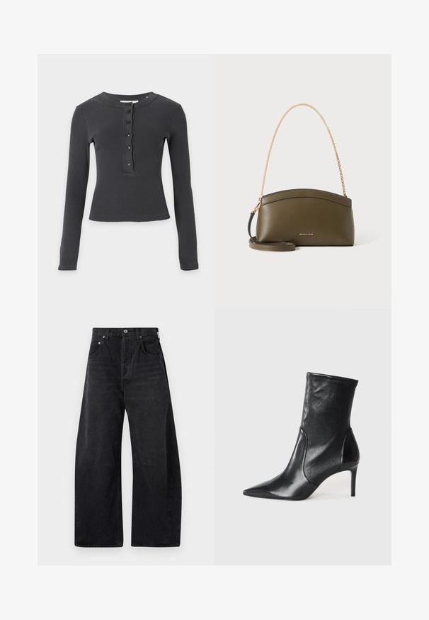 Langærmet, mørkegrå ribstrikket skjorte med rund hals og fem sorte knapper ned langs fronten.; Citizens of Humanity HORSESHOE - Jeans Relaxed Fit - black; Sorte ankelstøvler lavet af glat læder, med spids tå, tætsiddende skaft og en slank høj hæl. Minimalistisk design uden synligt hardware.; Olivengrøn Michael Kors-håndtaske med guldkæde skulderrem, buet top og lille gyldent logo foran, vist mod hvid baggrund.